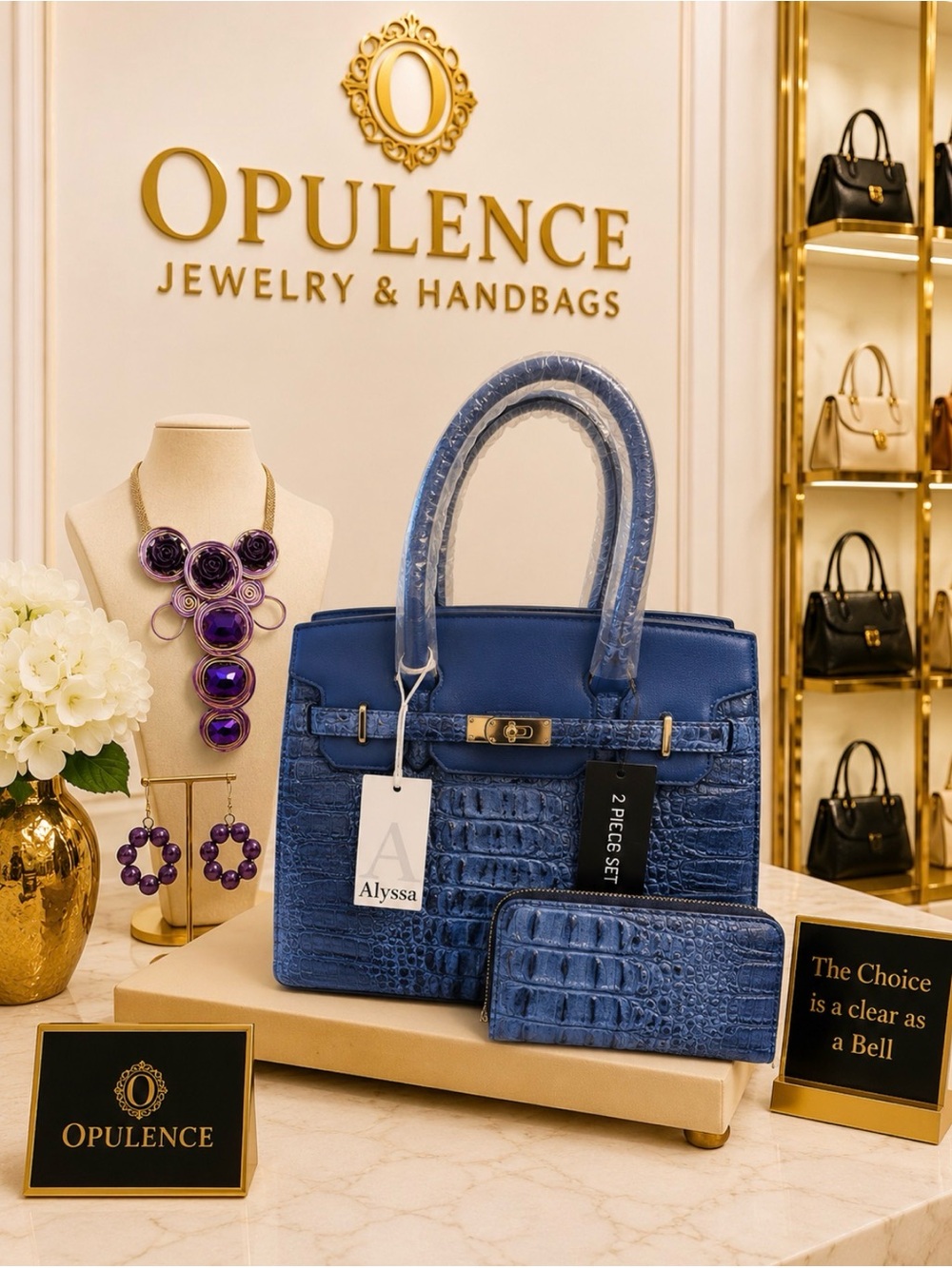 Structured Blue Croc-Embossed Tote with Wallet and Strap